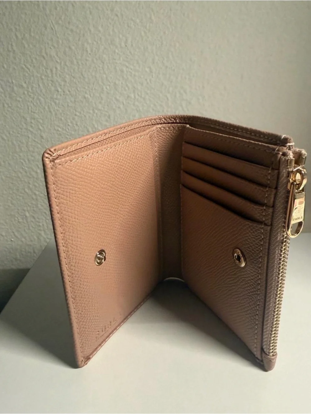 Furla Blush Pink Leather Card Holder with Gold Logo